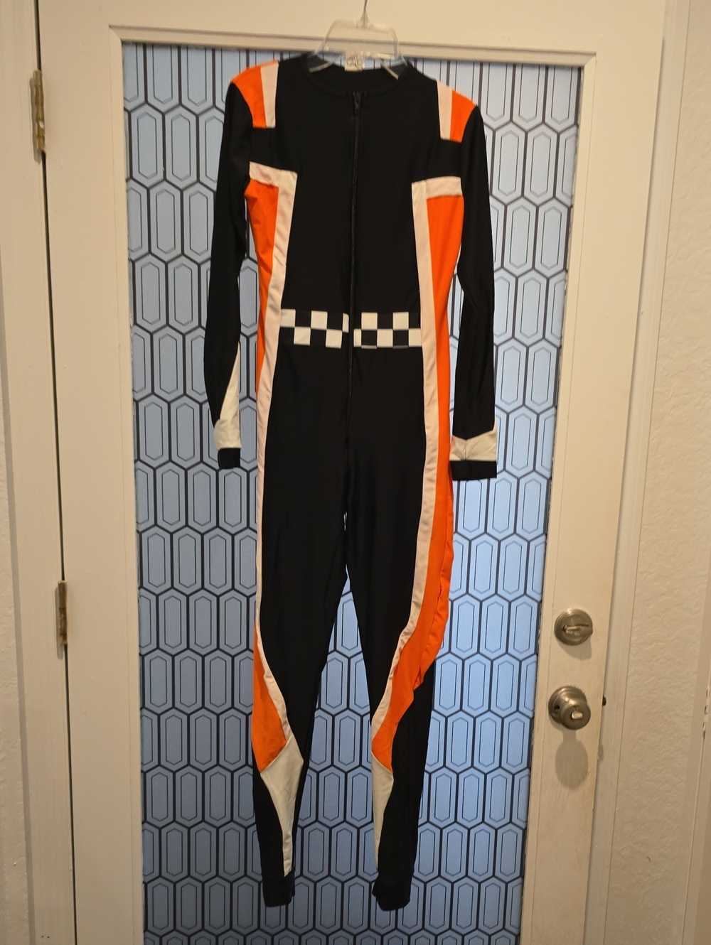 Black & Orange Checkered Racing Style Jumpsuit Costume